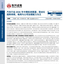 汽车行业2024年中期投资展望：混动化趋势持续，格局与公司治理能力为王