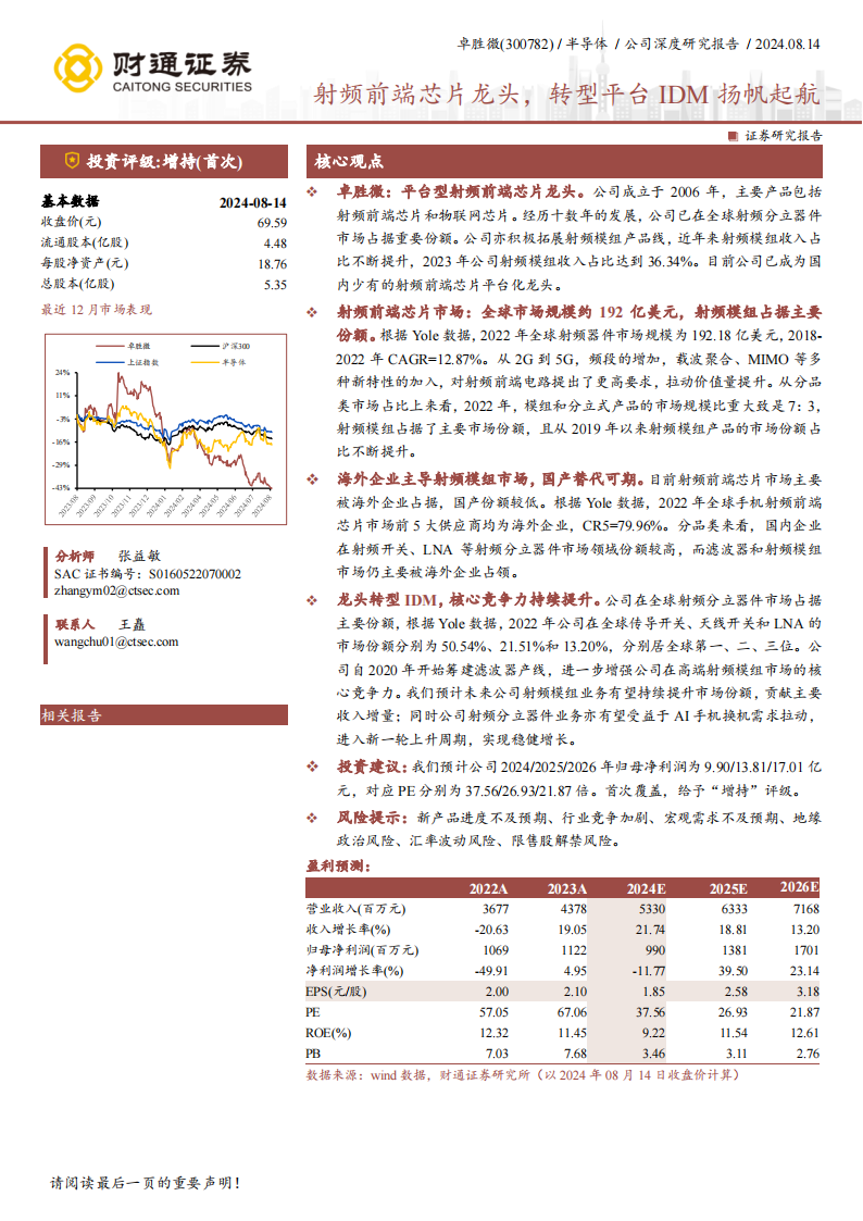 卓胜微研究报告：射频前端芯片龙头，转型平台IDM扬帆起航,卓胜微,射频前端,芯片,卓胜微,射频前端,芯片,第1张