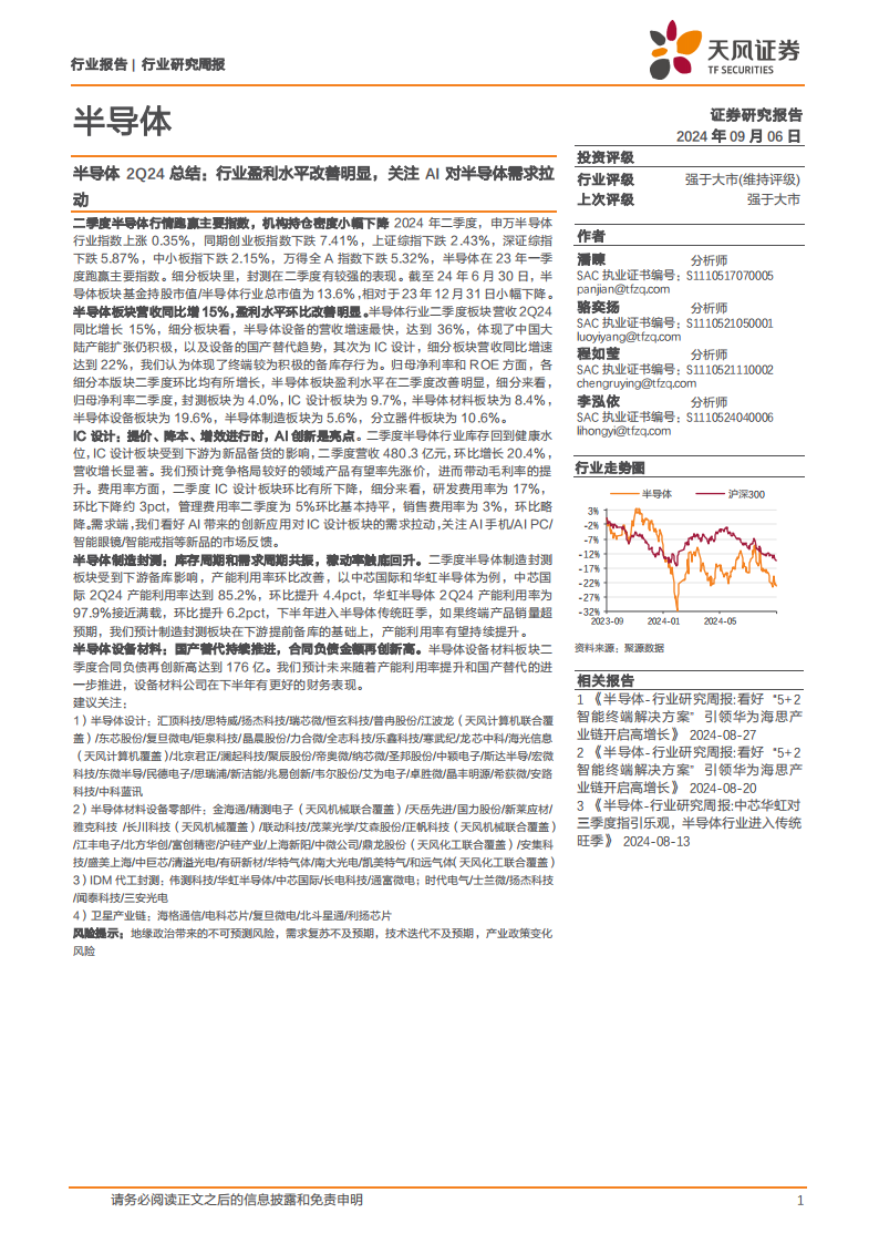 半导体行业2Q24总结：行业盈利水平改善明显，关注AI对半导体需求拉动,半导体,AI,半导体,AI,第1张