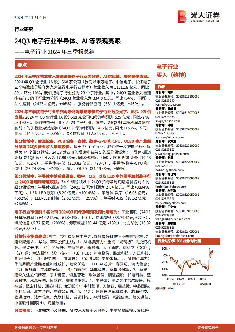 电子行业2024年三季报总结：24Q3电子行业半导体、AI等表现亮眼,电子,半导体,AI,电子,半导体,AI,第1张