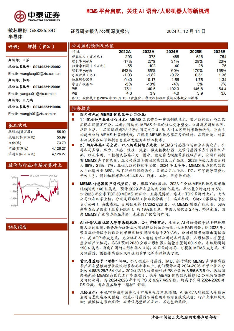 敏芯股份研究报告：MEMS平台启航，关注AI语音人形机器人等新机遇,敏芯股份,MEMS,AI,语音,人形机器人,敏芯股份,MEMS,AI,语音,人形机器人,第1张