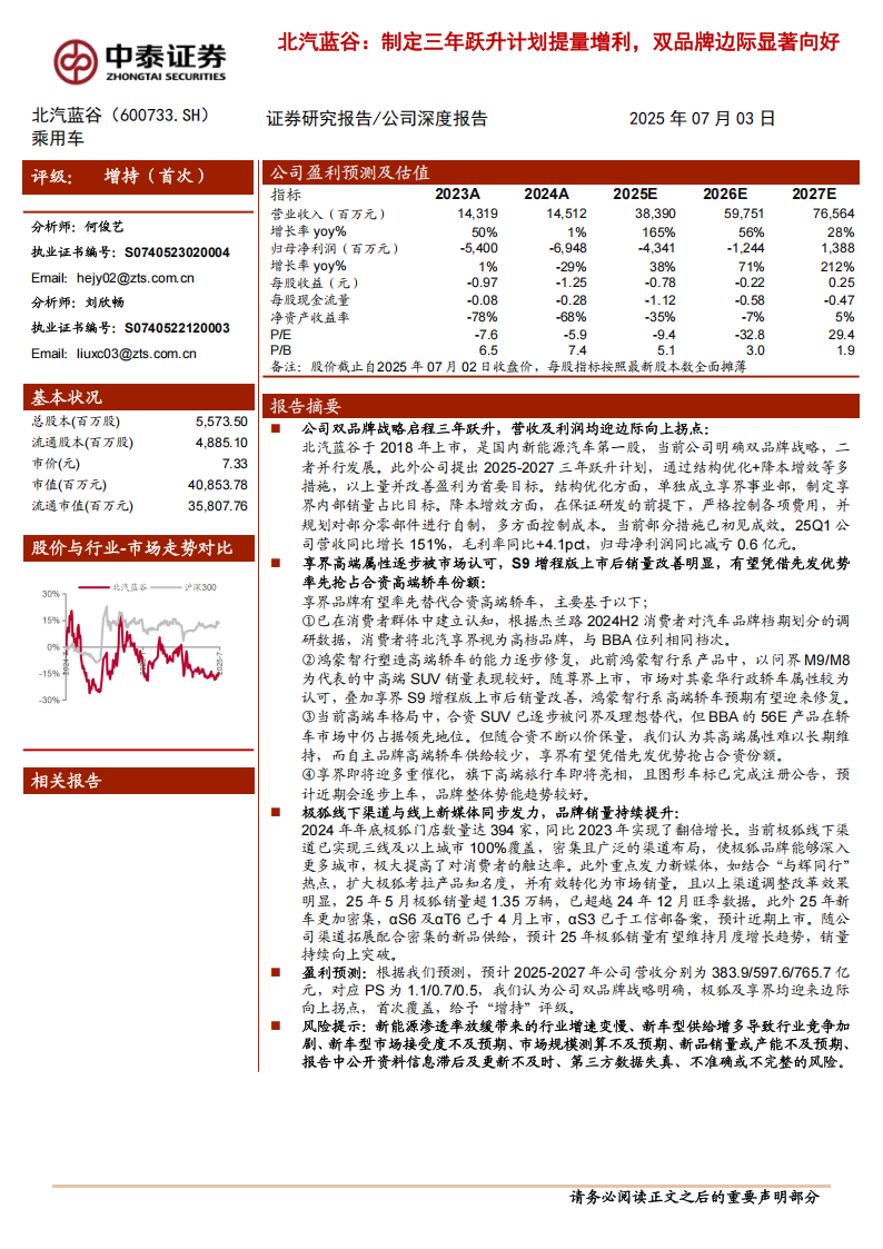 北汽蓝谷研究报告：制定三年跃升计划提量增利，双品牌边际显著向好,北汽蓝谷,北汽蓝谷,第1张